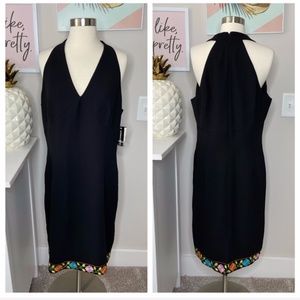 Donna Morgan Black & Embroidered V-Neck Dress Size 16 NWT